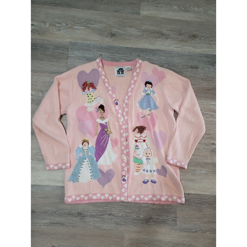 Rare Vintage Novelty Sweater Cottage Pink grandma Medium 3D Storybook Knits 90s